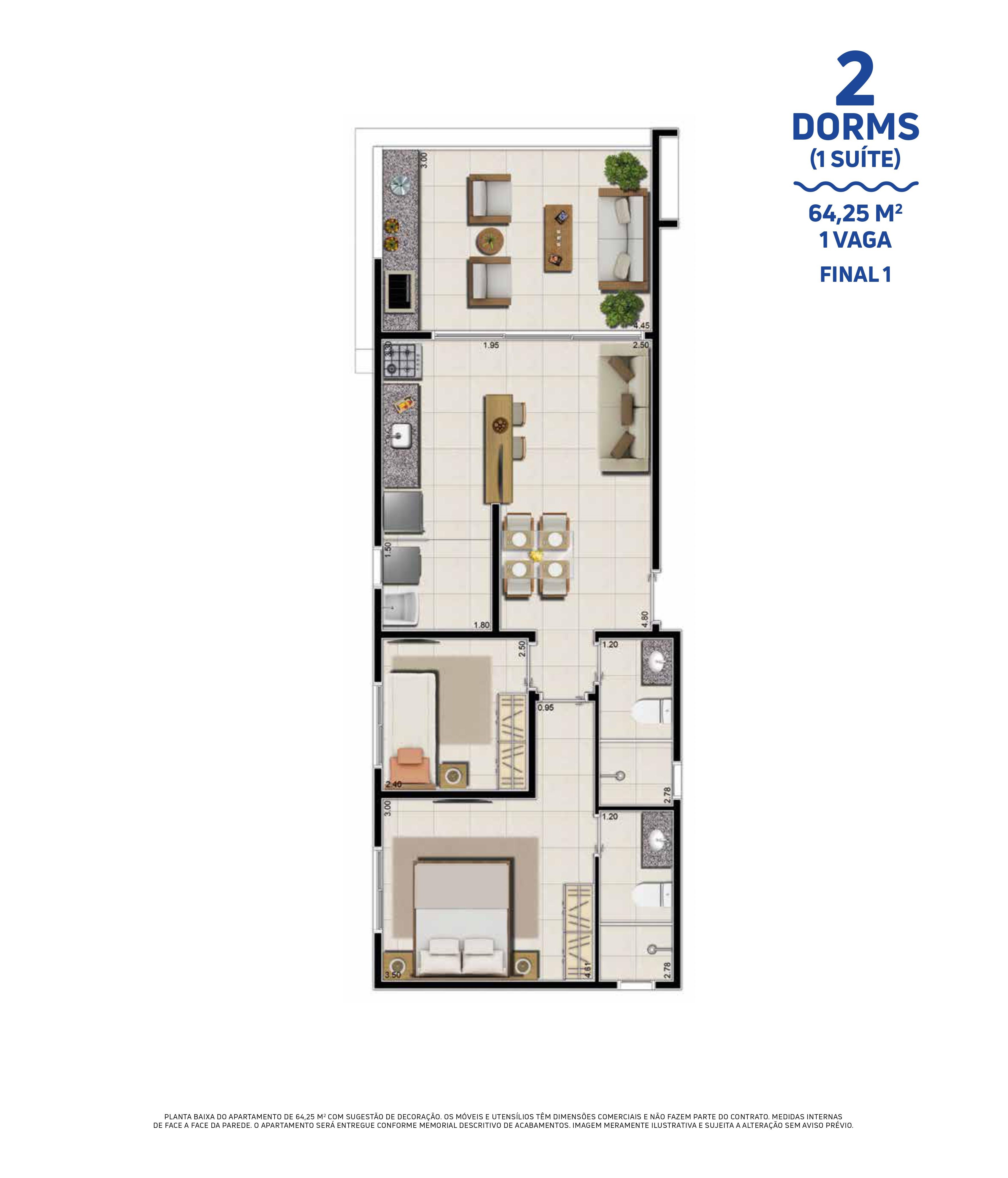 Planta Blue Final 1 - 64,25 metros quadrados, 2 dormitórios com 1 suíte, 1 vaga