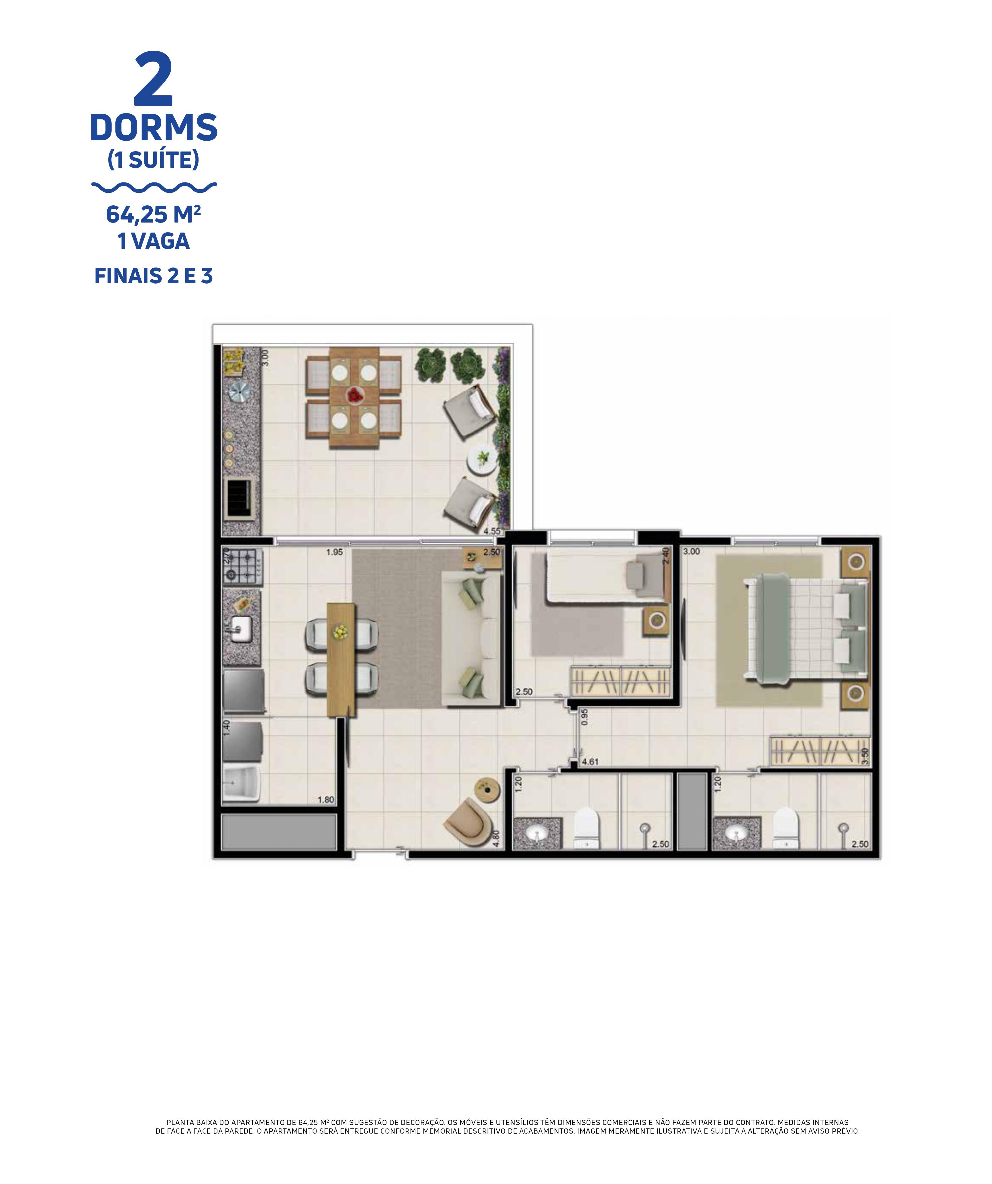 Planta Blue Finais 2 e 3 (espelhadas) - 64,25 metros quadrados, 2 dormitórios com 1 suíte, 1 vaga