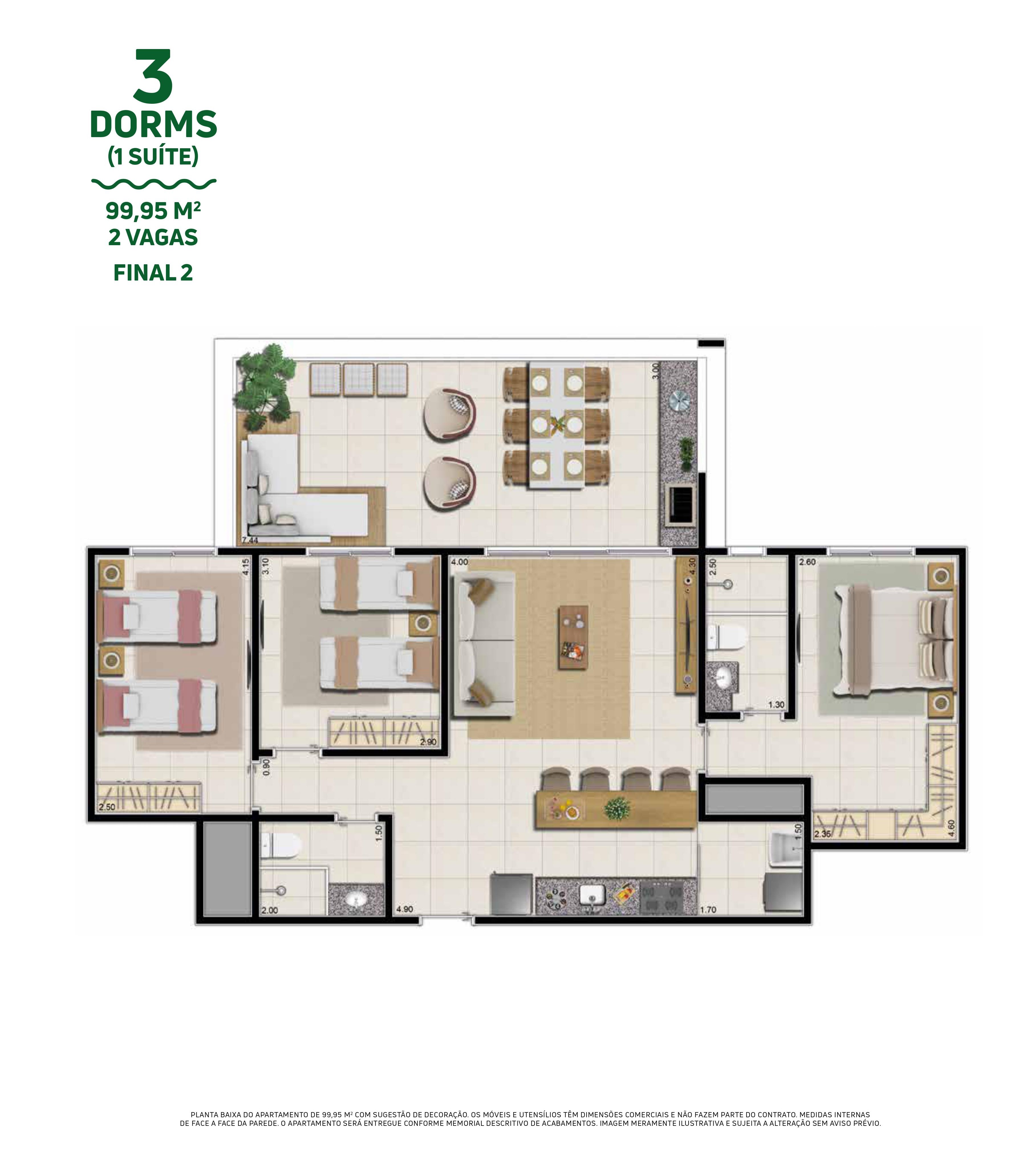 Planta Green Final 2 - 99,95 metros quadrados, 3 dormitórios com 1 suíte, 2 vagas